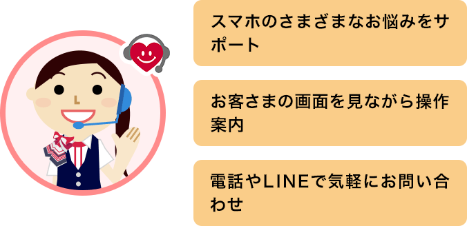 スマホのさまざまなお悩みをサポート。お客さまの画面を見ながら操作案内。電話やLINEで気軽にお問い合わせ。