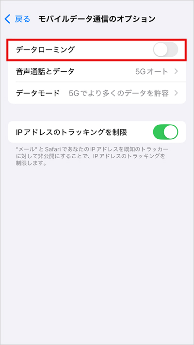 画像イメージ:「モバイルデータ通信のオプション」画面
