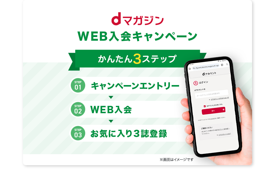 dマガジン WEB入会キャンペーン STEP01：キャンペーンエントリー STEP02：WEB入会 STEP03：お気に入り3誌登録