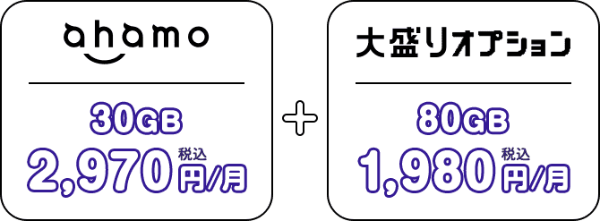 ahamo|30GB 税込2,970円/月 大盛りオプション|80GB 税込1,980円/月