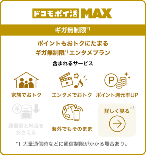 ドコモポイ活 MAX ギガ無制限*1 ポイントもおトクにたまるギガ無制限*1エンタメプラン 含まれるサービス 家族でおトク エンタメでおトク ポイント還元率UP 海外でもそのまま 詳しく見る *1 大量通信時などに通信制限がかかる場合あり。