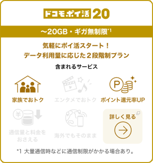 ドコモポイ活20 〜20GB・ギガ無制限*1 気軽にポイ活スタート！ データ利用量に応じた2段階制プラン 含まれるサービス 家族でおトク ポイント還元率UP 詳しく見る *1 大量通信時などに通信制限がかかる場合あり。