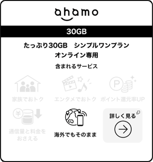 ahamo 30GB たっぷり30GB シンプルワンプラン オンライン専用 含まれるサービス 海外でもそのまま 詳しく見る