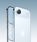 iPhone Air、カラーはスカイブルー、斜め後ろから見た外観、上部の凸部にFusionメインカメラシステム、カメラコントロールボタン、前面と側面の外観、オールスクリーンのデザイン、アクションボタンと音量調節ボタン