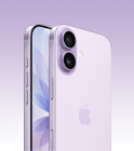 iPhone 17、カラーはラベンダー、前面の外観、斜め後ろから見た外観、左上にDual Fusionカメラシステム、カメラコントロールボタン、前面と側面の外観、オールスクリーンのデザイン、アクションボタン、音量調節ボタン、サイドボタン