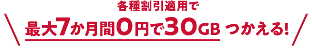各種割引適用で 最大7か月間0円で30GBつかえる！