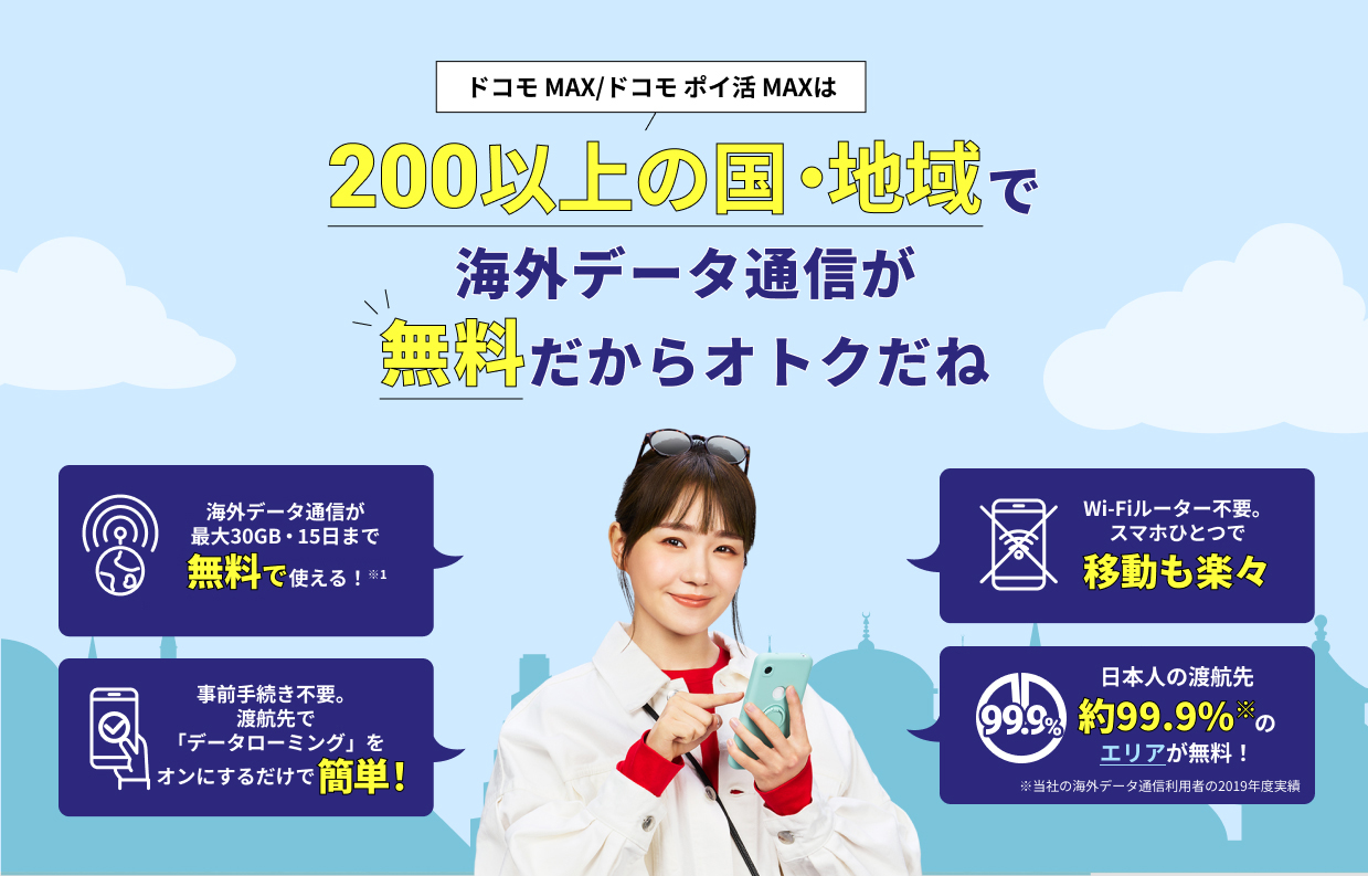 ドコモ MAX/ドコモポイ活 MAXは200以上の国・地域で海外データ通信が無料だからオトクだね