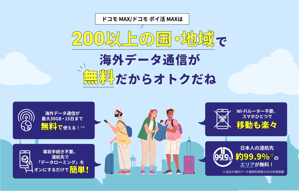 ドコモ MAX/ドコモポイ活 MAXは200以上の国・地域で海外データ通信が無料だからオトクだね