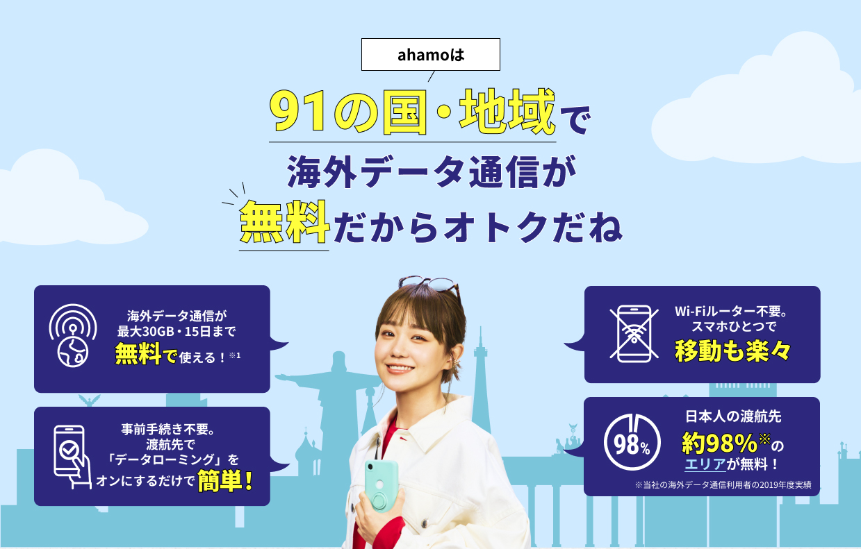 ahamoは91の国・地域で海外データ通信が無料だからオトクだね