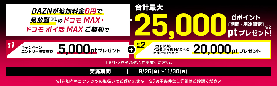 ドコモMAX・ドコモポイ活MAX DAZN for docomoが見放題 ※追加有料コンテンツはご視聴いただけません 適用条件など詳細はこちら