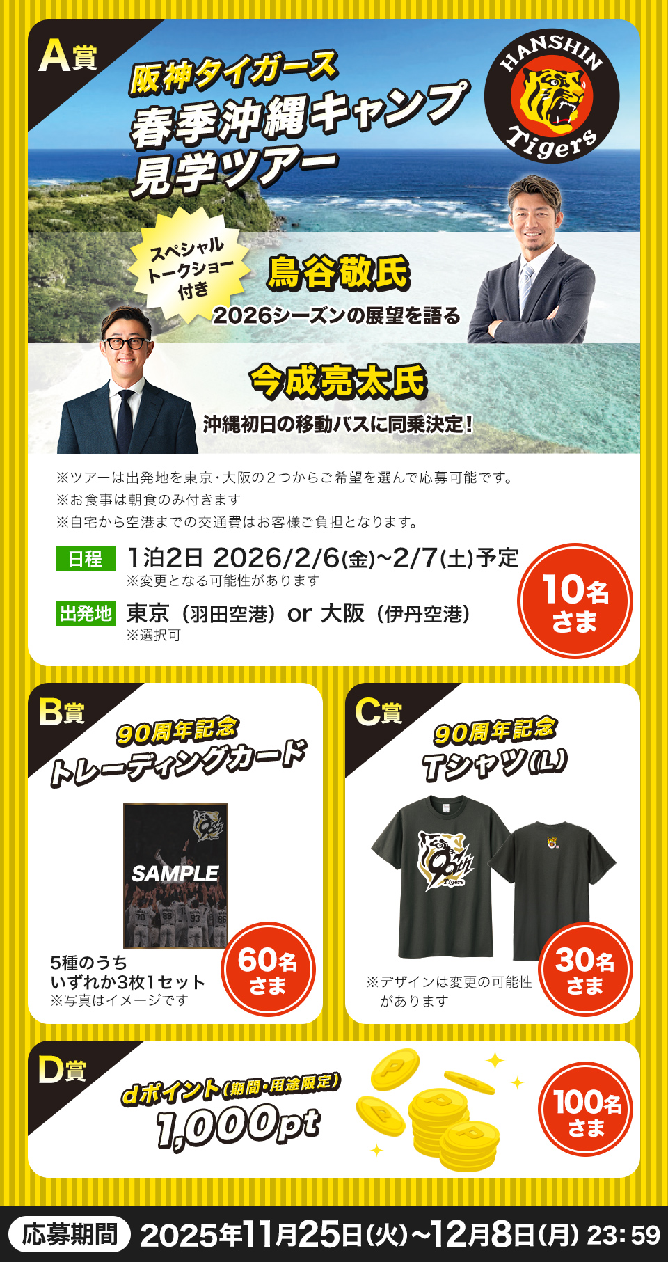 A賞 阪神タイガース 春季沖縄キャンプ 見学ツアー スペシャル トークショー付き 鳥谷敬氏 2026シーズンの展望を語る 今成亮太氏 沖縄初日の移動バスに同乗決定！ ※選手の参加はございません。 ※天候やその他の理由により、内容が変更になる場合があります。 日程 1泊2日 2026/2/6(金)～2/7(土)予定 出発地 東京（羽田空港）or大阪（伊丹空港） 10名さま B賞 90周年記念 トレーディングカード 5種のうち いずれか3枚1セット ※イメージです 60名さま C賞 90周年記念 Tシャツ（L） ※デザインは変更になる場合があります 30名さま D賞 dポイント（期間・用途限定） 1,000pt 100名さま 応募期間 2025年11月25日(火)～12月8日(月)23:59