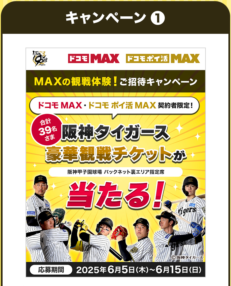 キャンペーン1 ドコモMAX ドコモポイ活MAX MAXの観戦体験！ご招待キャンペーン ドコモMAX・ドコモポイ活MAX 契約者限定！合計39名さま 阪神タイガース豪華観戦チケットが阪神甲子園球場 バックネット裏エリア指定席 当たる！応募期間2025年6月5日(木)~6月15日(日)