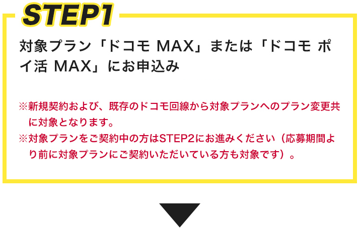 STEP1 対象プラン「ドコモ MAX」または「ドコモ ポイ活 MAX」にお申込み ※新規契約および、既存のドコモ回線から対象プランへのプラン変更共に対象となります。 ※対象プランをご契約中の方はSTEP2にお進みください（応募期間より前に対象プランにご契約いただいている方も対象です）。