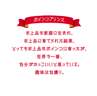 お上品な家庭に生まれ、お上品に育てられた結果、とってもお上品なポインコに育ったが、世界で一番、自分がかっこいいと思っている。趣味は自撮り。