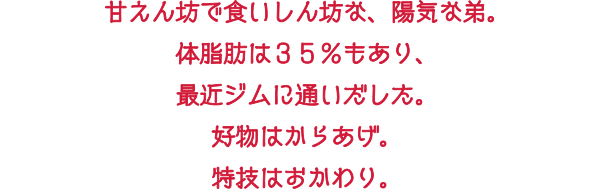 甘えん坊で食いしん坊な、陽気な弟。体脂肪は35%もあり、最近ジムに通いだした。好物はからあげ。特技はおかわり。口ぐせは「腹へった！」。