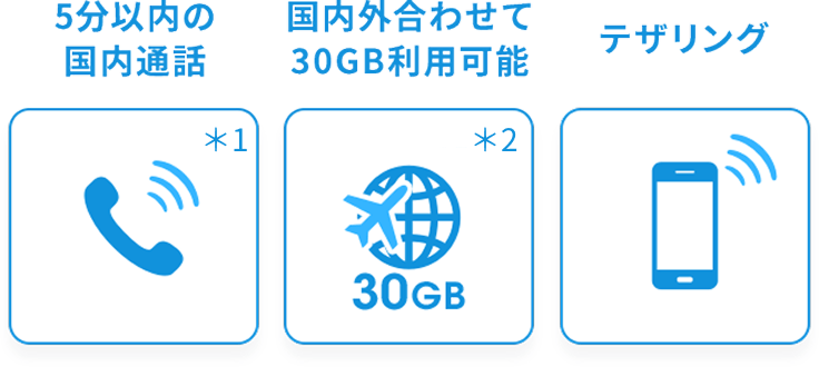 5分以内の国内通話*1 国内外合わせて30GB利用可能*2 テザリング