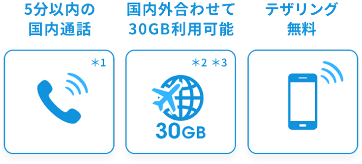 5分以内の国内通話*1 国内外合わせて30GB利用可能*2 テザリング無料