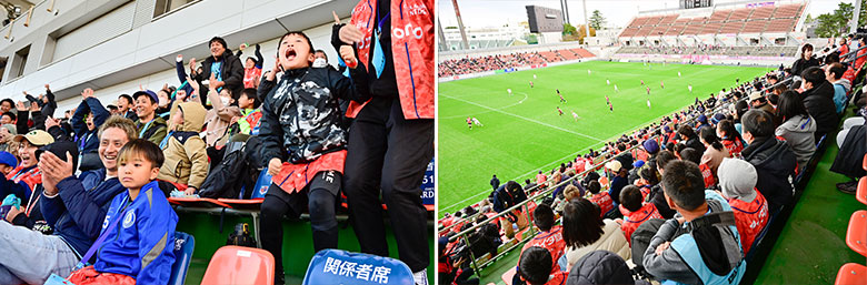 大宮アルディージャVENTUS | 2023 ドコモ未来フィールド | 試合を真剣に観戦する参加者の方々/ゴールの瞬間の大喜びする子どもたちの様子