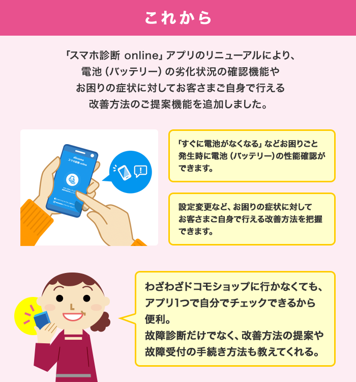 これからは「スマホ診断 online」アプリのリニューアルにより、電池（バッテリー）の劣化状況の確認機能やお困りの症状に対してお客さまご自身で行える改善方法のご提案機能を追加しました。