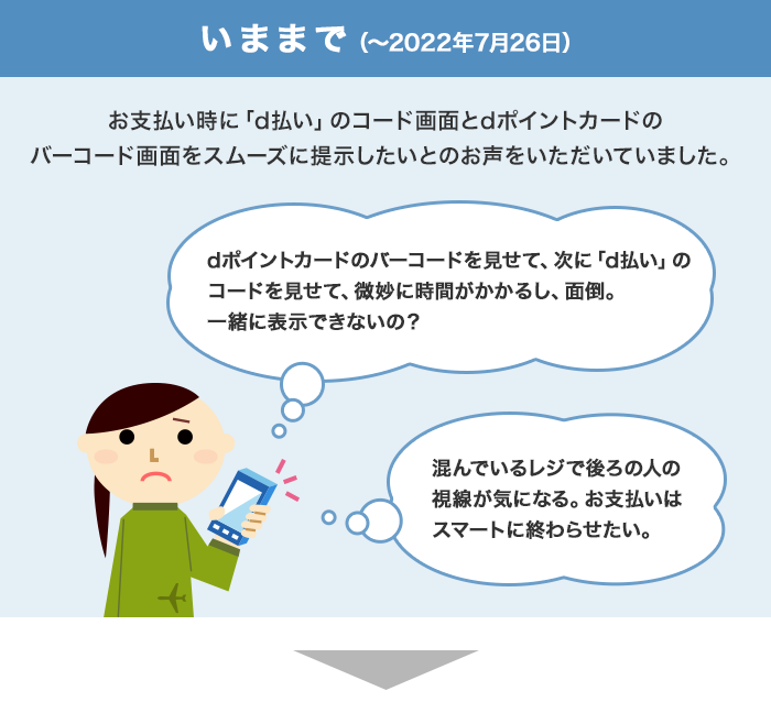 いままで（～2022年7月26日）お支払い時に「d払い」のコード画面とdポイントカードのバーコード画面をスムーズに提示したいとのお声をいただいていました。