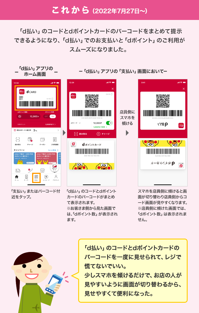 これから（2022年7月27日～）「d払い」のコードとdポイントカードのバーコードをまとめて提示できるようになり、「d払い」でのお支払いと「dポイント」のご利用がスムーズになりました。