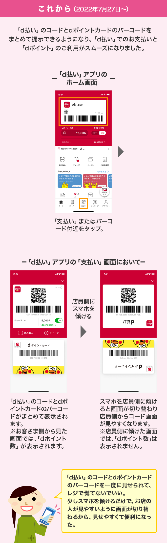 これから（2022年7月27日～）「d払い」のコードとdポイントカードのバーコードをまとめて提示できるようになり、「d払い」でのお支払いと「dポイント」のご利用がスムーズになりました。