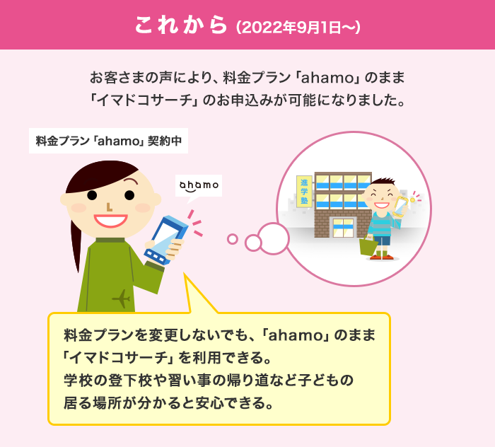 これから（2022年9月1日～）お客さまの声により、料金プラン「ahamo」のまま「イマドコサーチ」のお申込みが可能になりました。