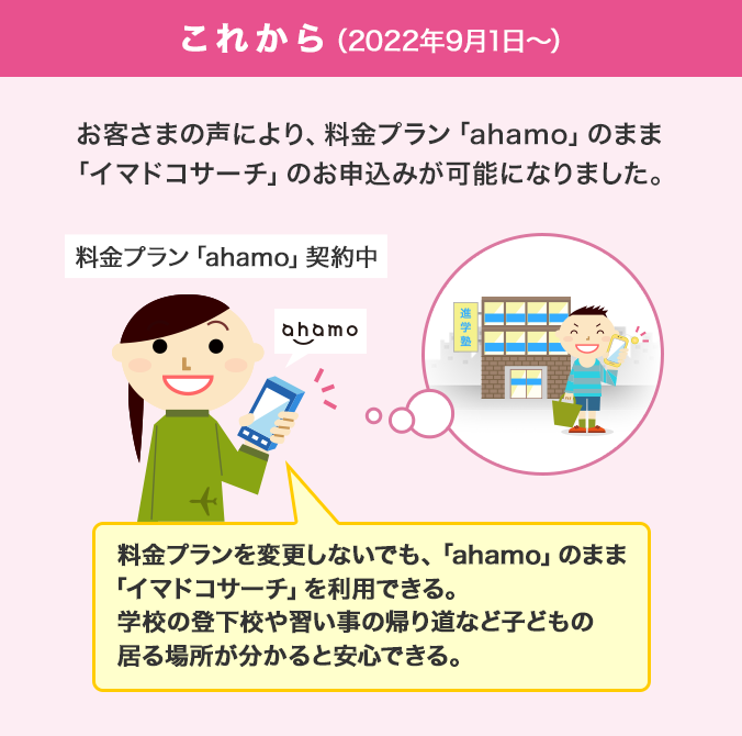 これから（2022年9月1日～）お客さまの声により、料金プラン「ahamo」のまま「イマドコサーチ」のお申込みが可能になりました。