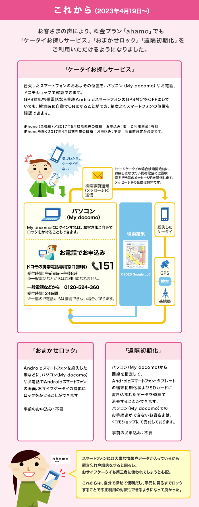 これからはお客さまの声により、料金プラン「ahamo」でも「ケータイお探しサービス」 「おまかせロック」「遠隔初期化」をご利用いただけるようになりました。