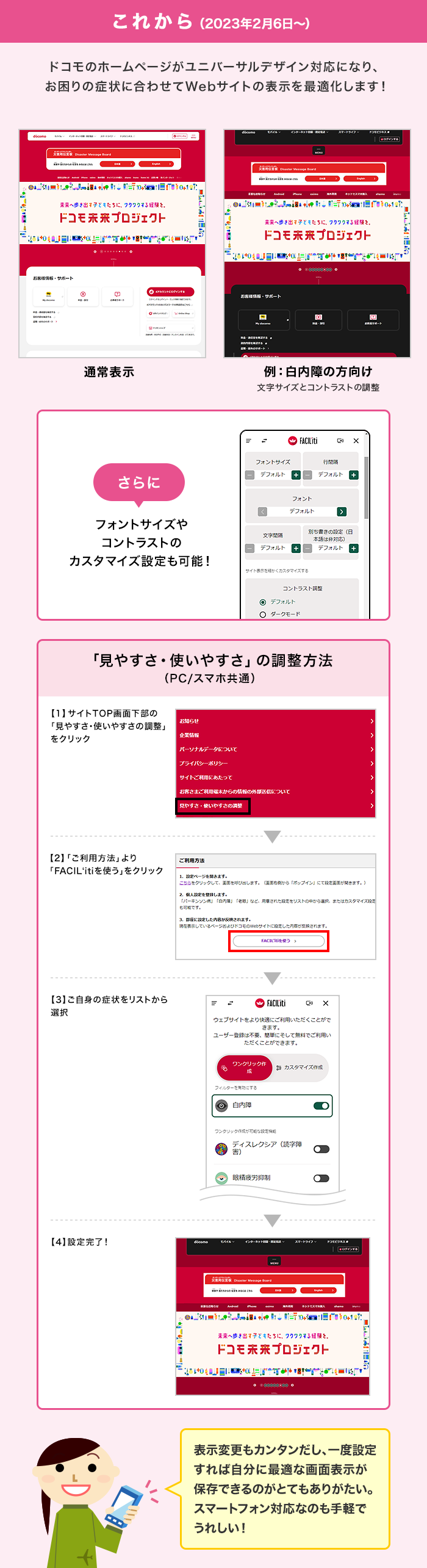 これからは、ドコモのホームページがユニバーサルデザイン対応になり、お困りの症状に合わせてWebサイトの表示を最適化します！