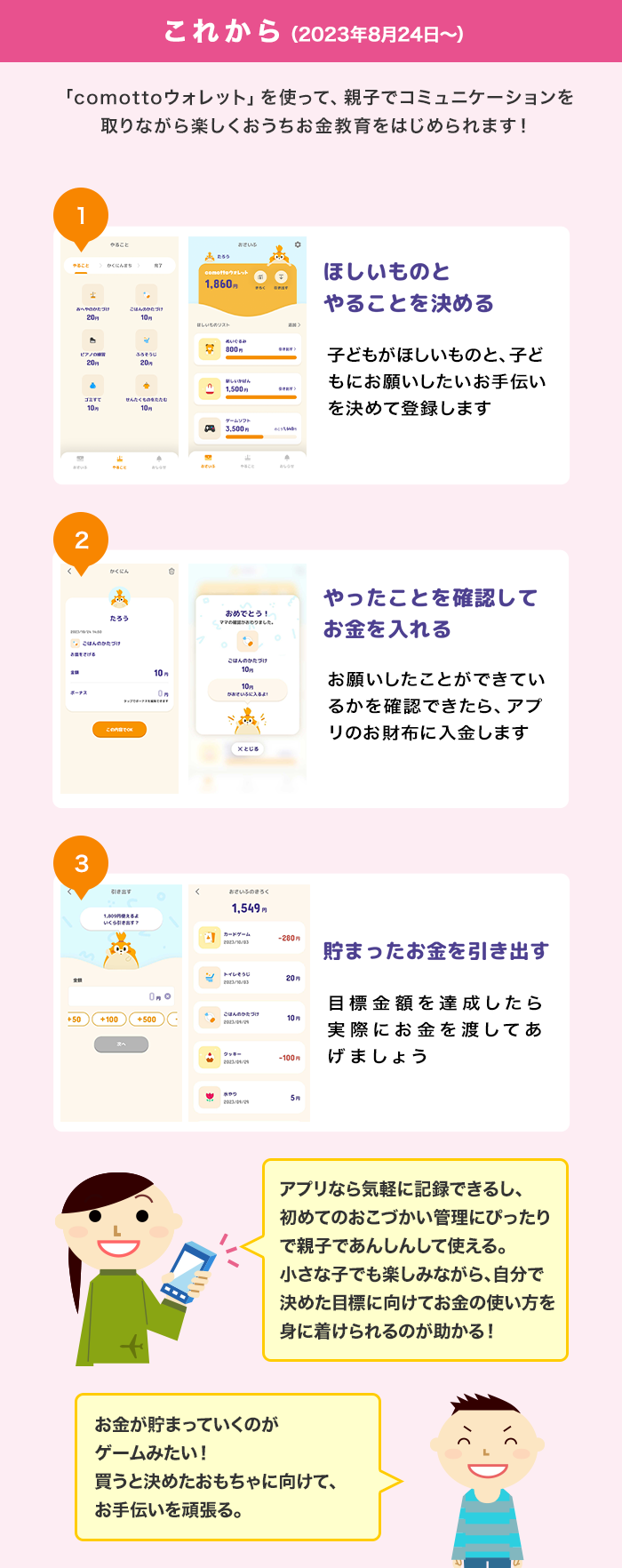 これから（2023年8月24日～） 「comottoウォレット」を使って、親子でコミュニケ―ジョンを取りながら楽しくおうちお金教育をはじめられます！