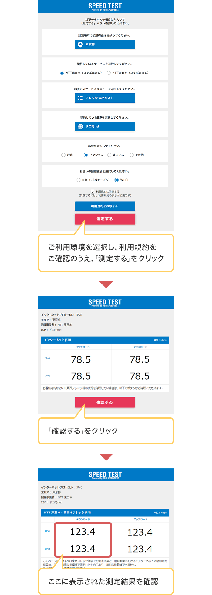 SPEED TEST(速度測定サイト)での測定方法の画像