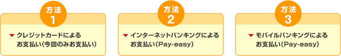 NTTファイナンスの「Webビリング」から可能な支払い方法 方法1クレジットカードによるお支払い（今回のみお支払い）方法2インターネットバンキングによるお支払い（Pay-easy）方法3モバイルバンキングによるお支払い（Pay-easy）の画像