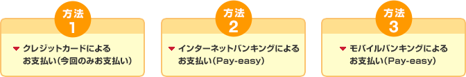 NTTファイナンスの「Webビリング」から可能な支払い方法 方法1クレジットカードによるお支払い(今回のみお支払い)方法2インターネットバンキングによるお支払い(Pay-easy)方法3モバイルバンキングによるお支払い(Pay-easy)の画像
