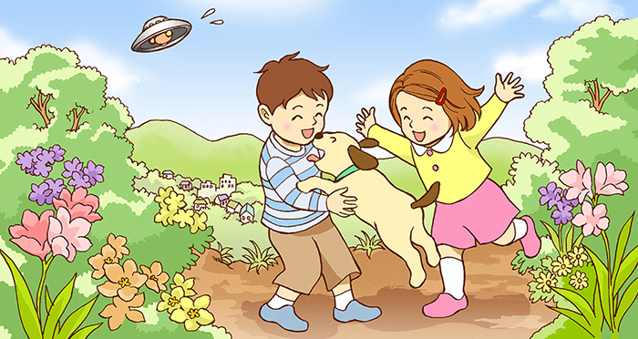 イラスト:飛びつくチロを受け止めようとしているハルと、嬉しそうに両手を広げているアキ。宇宙船は大急ぎで飛び立っている。