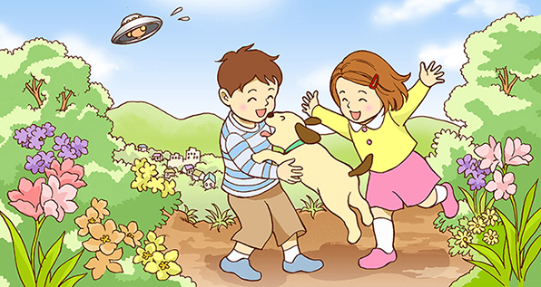 イラスト:飛びつくチロを受け止めようとしているハルと、嬉しそうに両手を広げているアキ。宇宙船は大急ぎで飛び立っている。