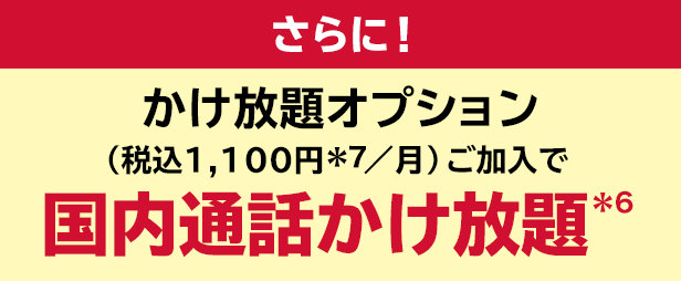 さらに！かけ放題オプション（月額：税込1,100円＊7）ご加入で国内通話かけ放題＊6