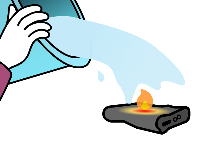 「火の勢いがおさまったら、大量の水や消火器で消火する」のイメージ