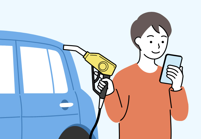 セルフ給油中に「ながらスマホ」をしている人のイメージ図